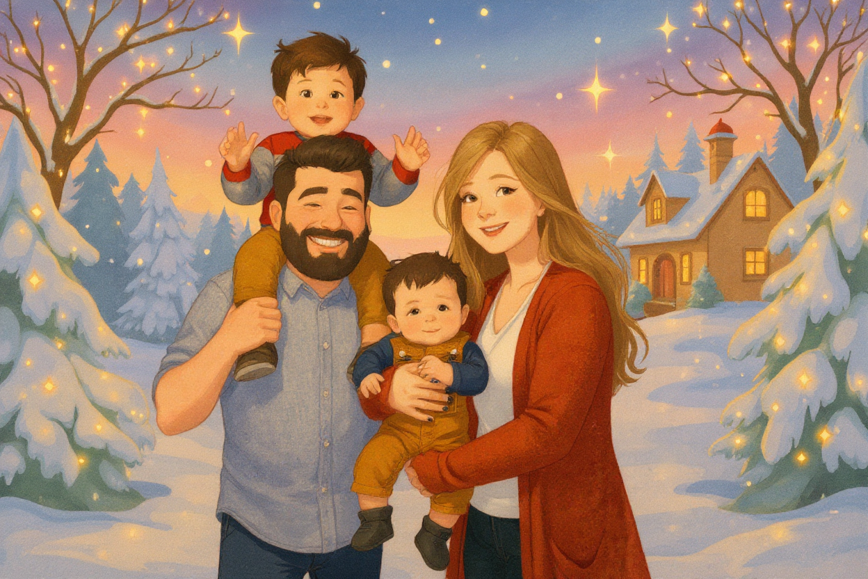 Karácsonyi mesekönyv stílusú személyes portré