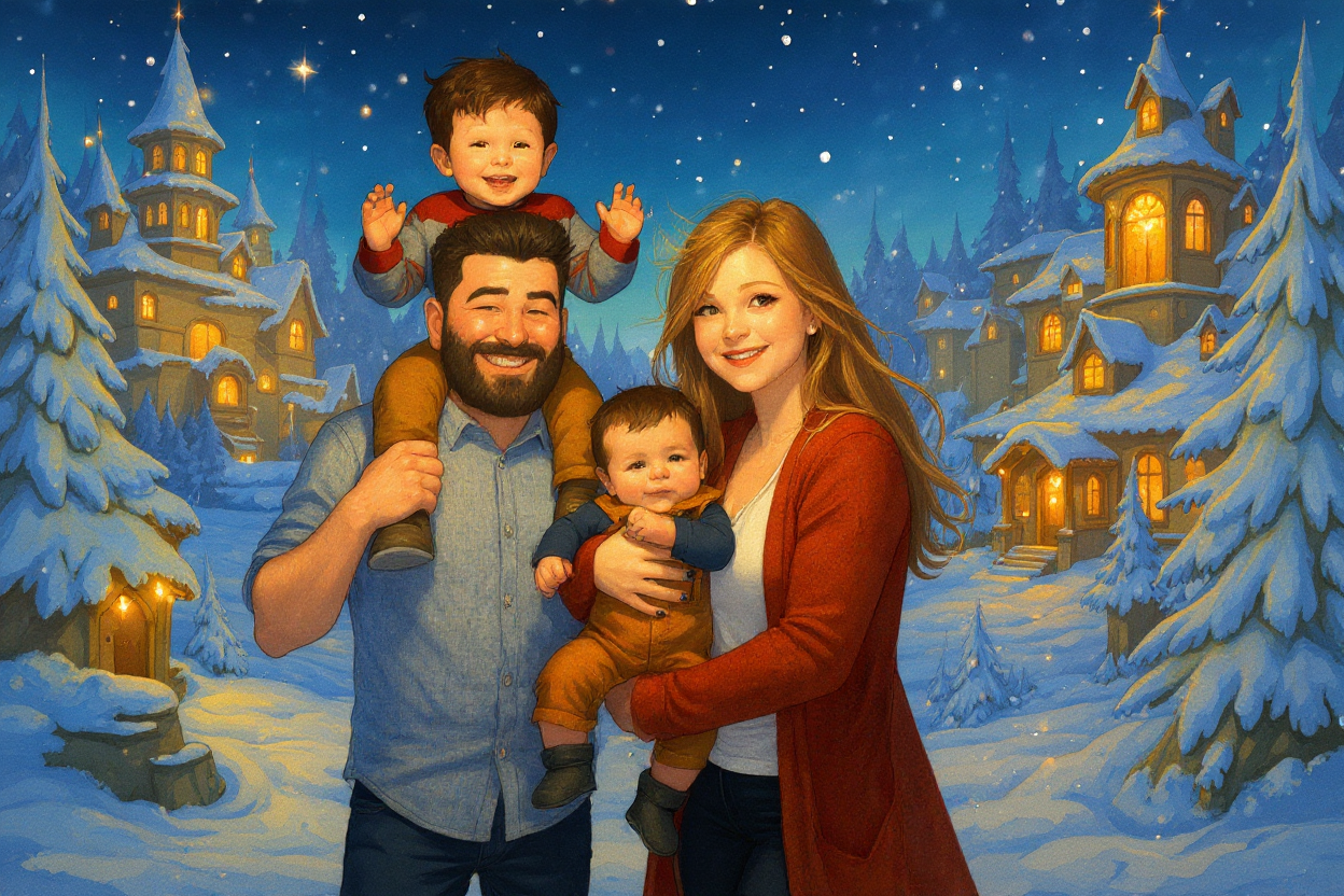 Téli mesefalu stílusú személyes portré